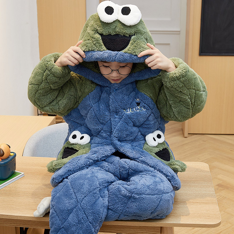 冬季三层夹棉芝麻街连帽睡衣男大童加绒加厚款小孩三层夹棉家居服
