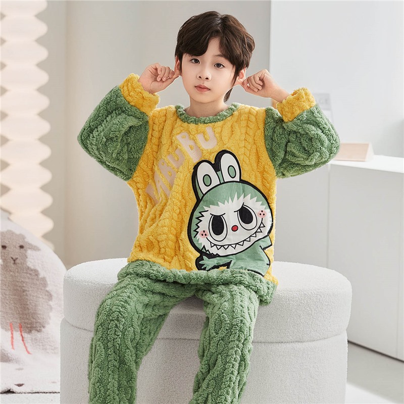 儿童睡衣男童冬季男孩中大童珊瑚绒法兰绒家居服加厚款拉布布图案
