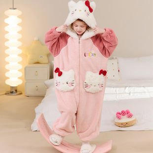 女童HelloKitty睡衣儿童厚绒保暖冬季中大童小孩卡通凯蒂猫连体衣