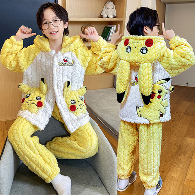 男童睡衣冬季珊瑚绒加厚款儿童小孩宝宝法兰绒宝可梦皮卡丘2026新