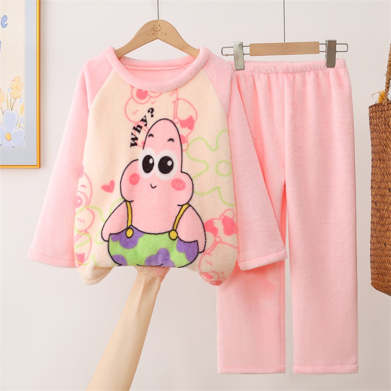 女童睡衣睡裤套装秋冬季珊瑚绒2026新款法兰绒儿童女孩派大星图案