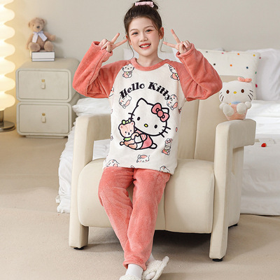 珊瑚绒薄法兰绒睡衣女童秋冬季宝宝保暖儿童HelloKitty家居服套装