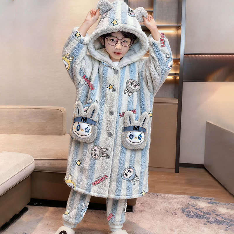 拉布布儿童睡衣男童冬季棉袄加绒加厚款2026新款睡袍浴袍保暖套装