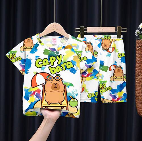 男童女童睡衣夏季薄款卡通中大童小孩宝宝学生儿童家居服卡皮巴拉