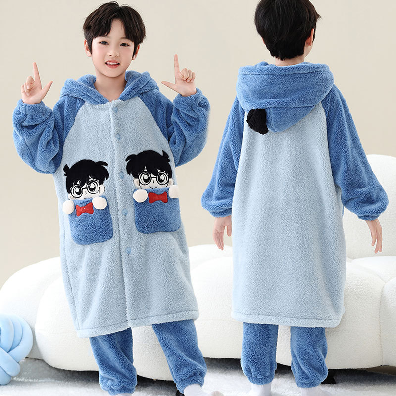 男童睡衣珊瑚绒加厚套装秋冬中大童浴袍名侦探柯南儿童法兰绒睡袍