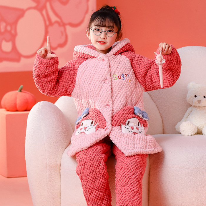 女童珊瑚绒睡衣保暖加厚冬季中大童三层夹棉美乐蒂儿童家居服套装