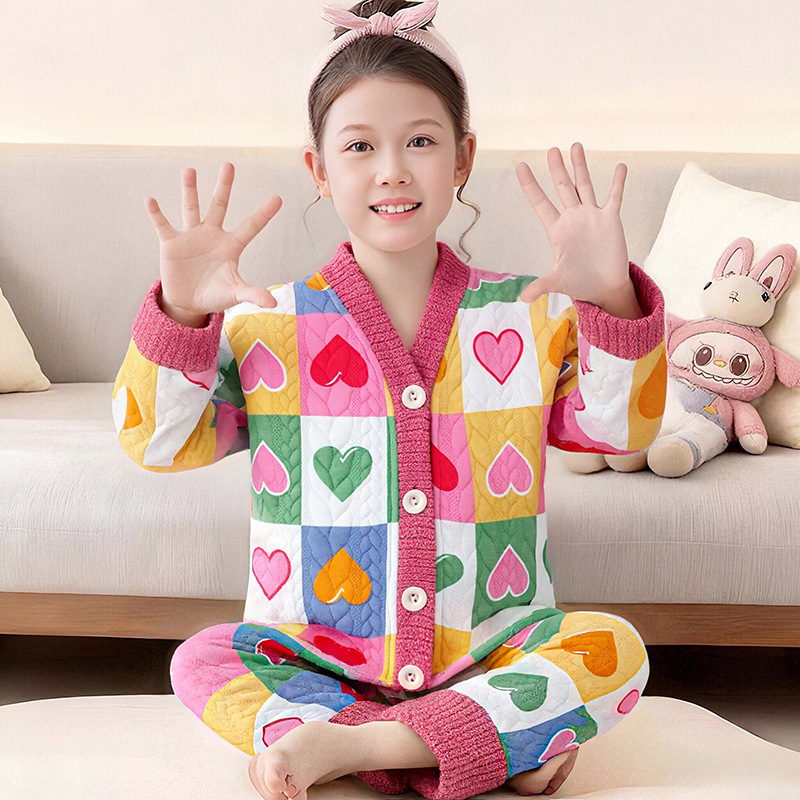 格子休闲加棉睡衣儿童女孩2026新款秋季女童秋款三层夹棉保暖套装