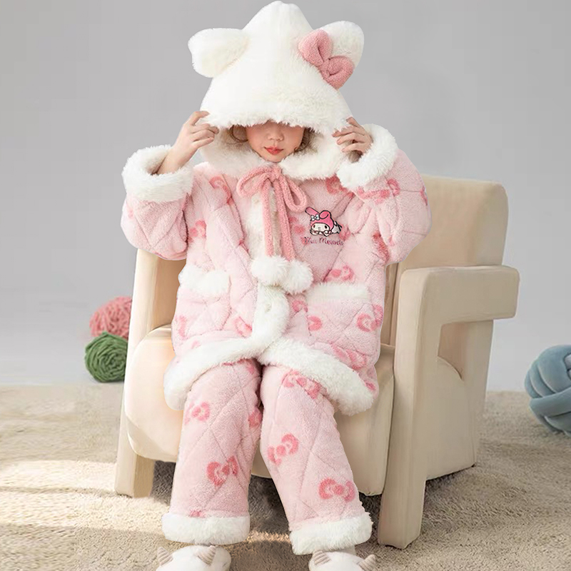 儿童睡衣套装三层夹棉加厚美乐蒂女童女宝宝珊瑚绒冬季连帽保暖衣