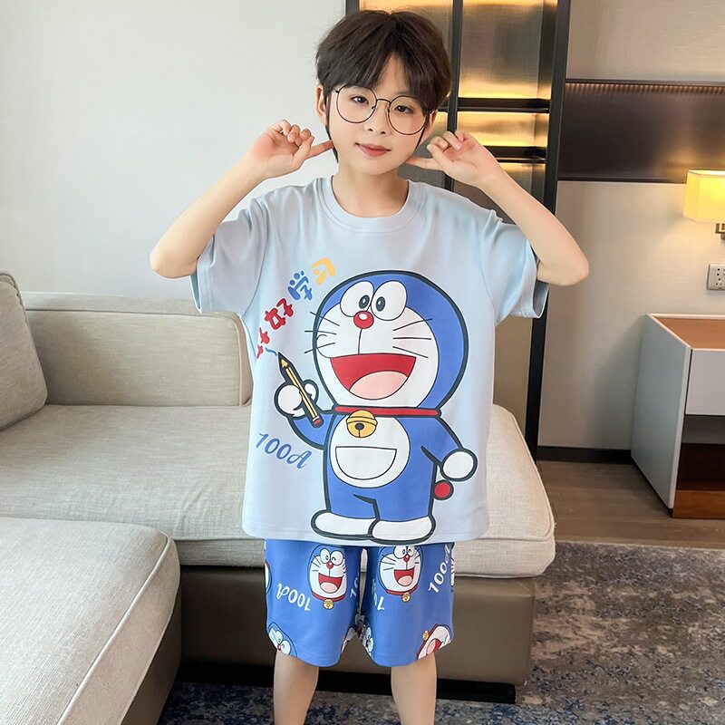 哆啦a梦睡衣夏季纯棉套头3-4-5-6-7-8-9-10-12岁小男孩儿童叮当猫