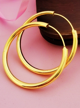 全银耳环镀加厚24K黄金色彩金3mm粗夸张圆管大小圆耳圈圈s925纯银