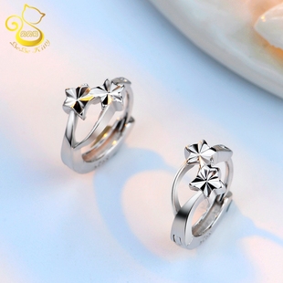 BeBe 简约S925银镀白金银耳饰品 Kitty纯银耳扣女小星星闪耳环细款