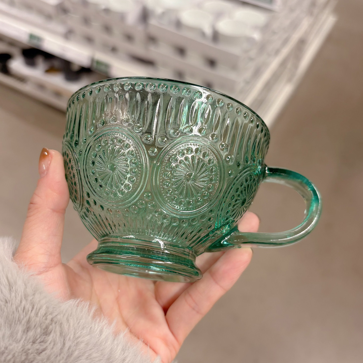 高颜值复古太阳花浮雕玻璃杯轻奢高级感墨绿色甜品杯手柄果汁水杯