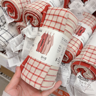 新品宜家代购RINNIG林妮格红色条纹图案厨房用巾4条棉质印花抹布