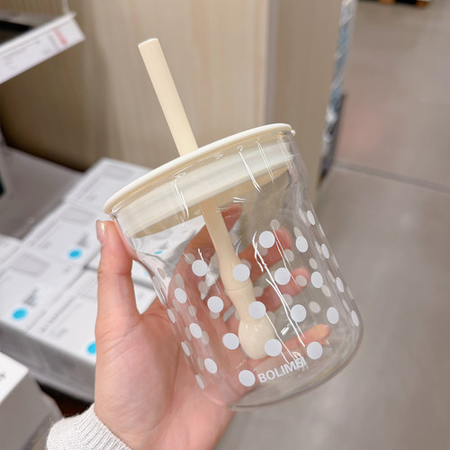 马卡龙波点玻璃吸管杯ins风