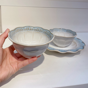 高级感轻奢家用陶瓷碗盘ins烟花蓝法式浮雕米饭碗花边西餐盘菜盘