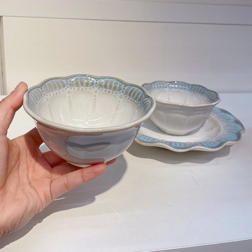 烟花蓝法式浮雕米饭碗花边西餐盘