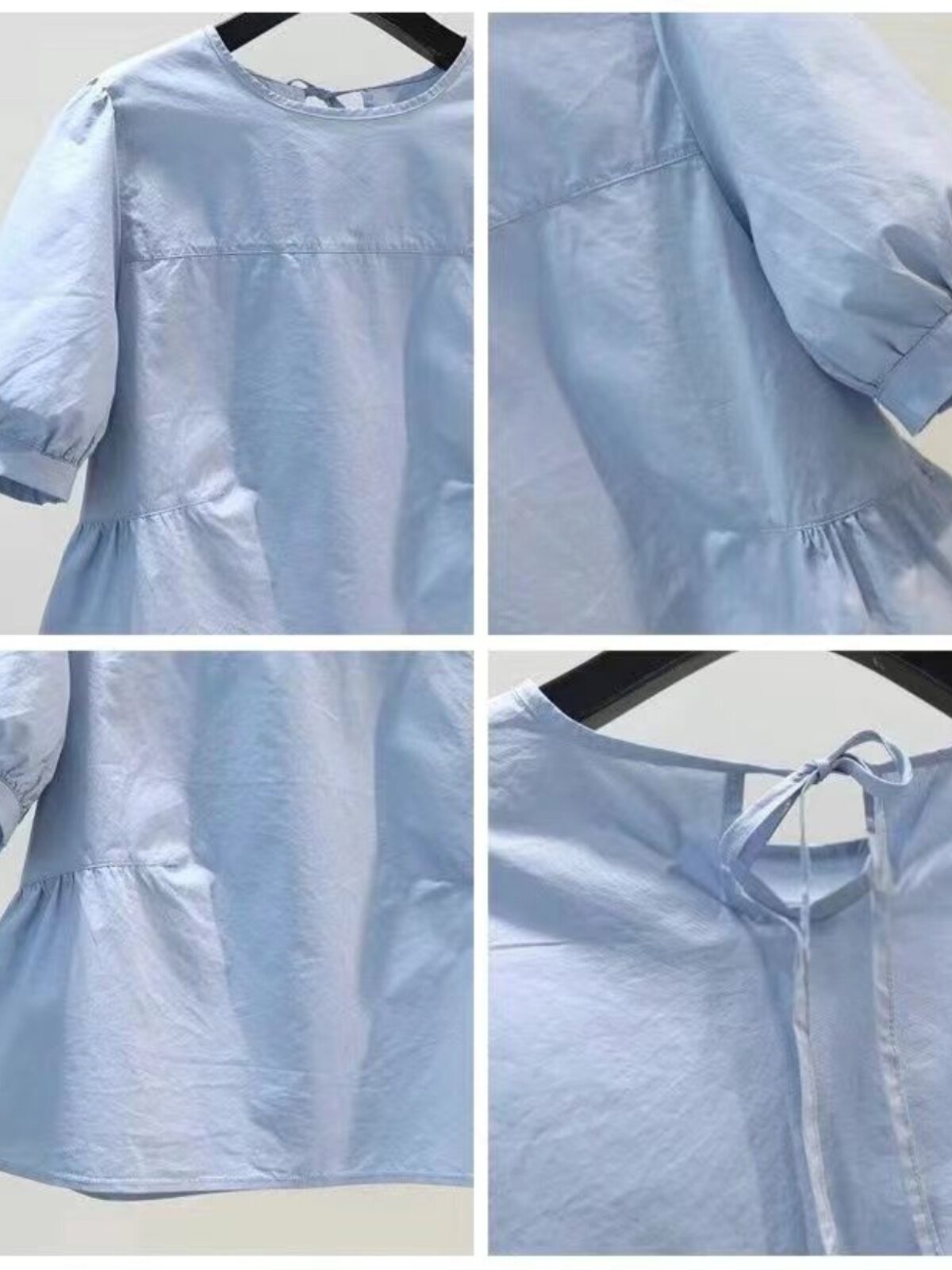 여성용 블루 라운드 넥 풀오버 퍼프 슬리브 셔츠 2024 여름 루즈 베이비돌 셔츠 허리와 트렌디하고 아름다운 다용도 탑