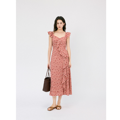 HeyDress法式红色格子飞袖连衣裙