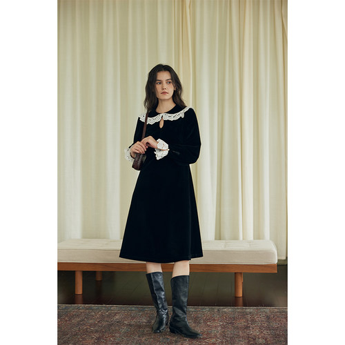 HeyDress翻领花边丝绒连衣裙