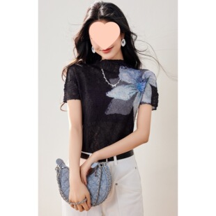 时尚高级设计感撞色短袖t恤女夏季新款小众褶皱独特别致气质上衣