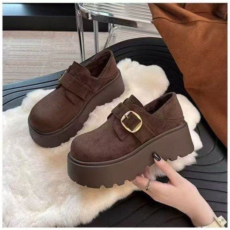 磨砂绒面厚底加绒勃肯鞋女2025秋冬新款一脚蹬乐福鞋两穿棉鞋