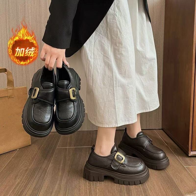 英伦风小皮鞋女秋冬加绒乐福鞋2025新款棉鞋jk配裙子粗跟单鞋