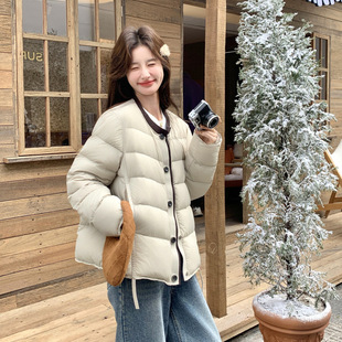 罗芬 故事面料女装官方实拍羽绒服女冬短款2025新款韩版宽松圆领
