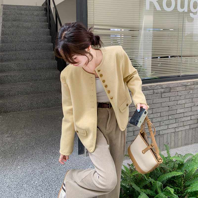 罗芬 故事面料女装官方实拍黄色小香风外套女春秋2025新款高级感