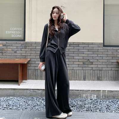 罗芬 故事面料女装官方实拍深灰色休闲连帽卫衣外套阔腿裤套装女2