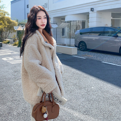 罗芬 故事面料女装官方实拍美拉德两面穿皮毛一体羊羔毛外套女秋