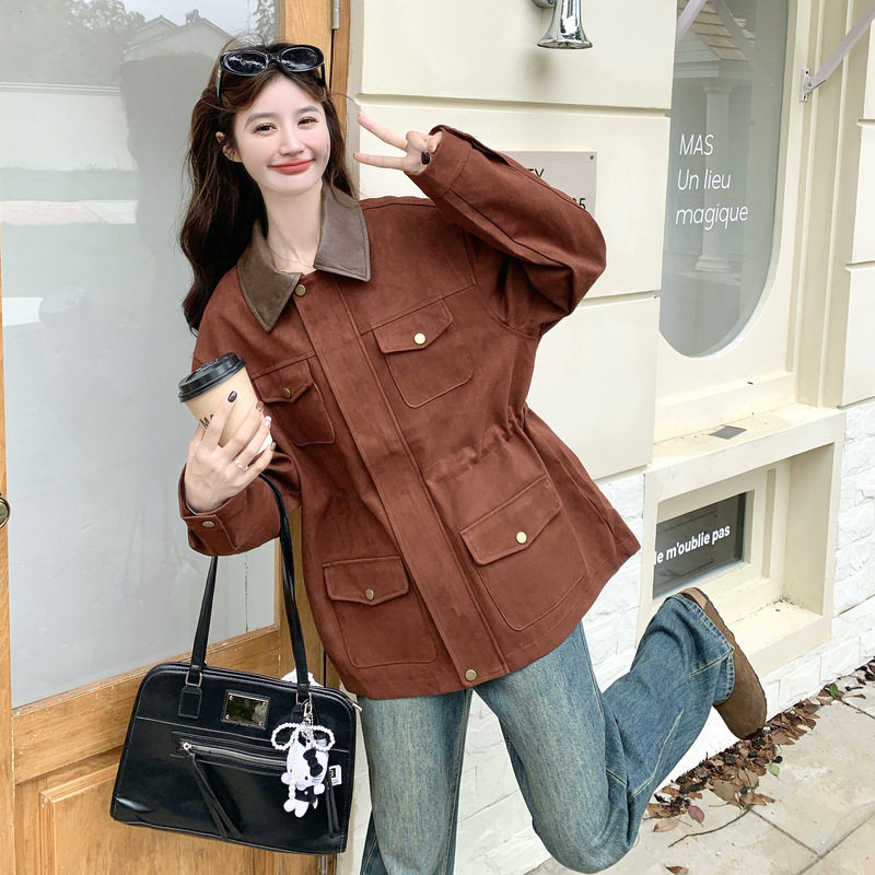 罗芬 故事面料女装官方实拍复古撞色拼皮翻领麂皮绒工装外套2025,女装/女士精品,短外套,淘宝优惠券,粉丝福利购,淘宝优惠卷