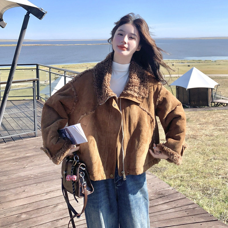 罗芬 故事面料女装官方实拍美拉德复古麂皮绒羊羔毛短外套2025冬,女装/女士精品,羽绒服,淘宝优惠券,粉丝福利购,淘宝优惠卷