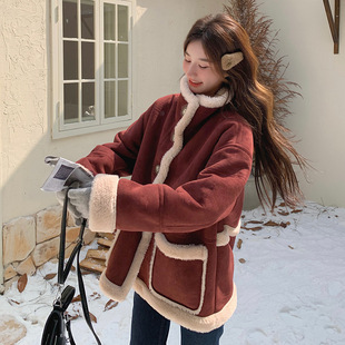 罗芬 故事面料女装官方复古红色羊羔毛外套女冬季2025新款韩版高