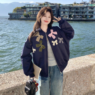 小个子短外套202 官方实拍藏青色减龄蝴蝶结个性 罗芬 故事面料女装