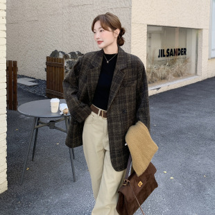 毛呢外套2026新款 官方实拍复古格纹西装 韩系休 故事面料女装 罗芬