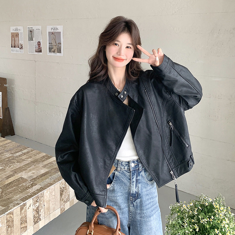 罗芬 故事面料女装官方黑色复古短款皮衣外套女春季2025新款高级,女装/女士精品,皮衣,淘宝优惠券,粉丝福利购,淘宝优惠卷