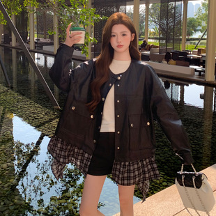 小个 官方实拍黑色格纹拼接皮衣外套2026春新款 罗芬 故事面料女装