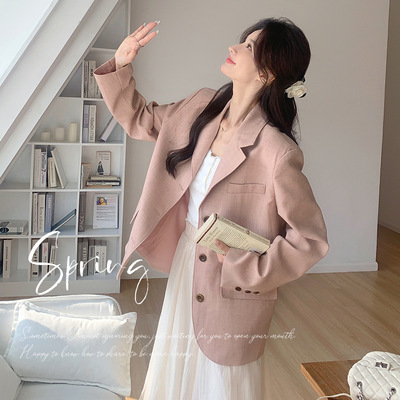 罗芬 故事面料女装官方实拍粉色西装外套女春秋2025新款小个子高