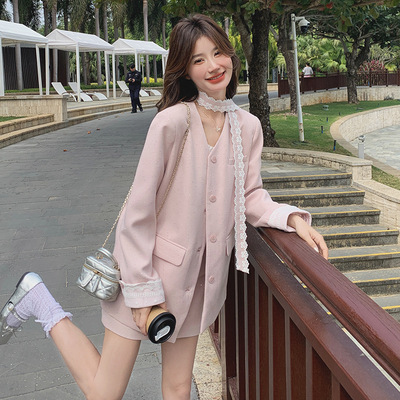 罗芬 故事面料女装官方实拍粉色气质名媛风V领西装套装女春秋款蕾