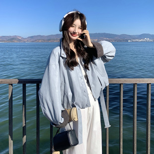 罗芬 故事面料女装官方实拍浅蓝色小个子短款立领皮衣外套2026春