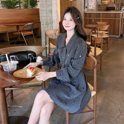 罗芬 故事面料女装官方实拍灰色氛围感小个子温柔系衬衫裙春秋202