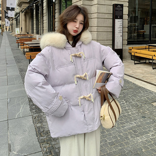 罗芬 故事面料女装官方实拍牛角扣羽绒棉服女冬季2025新款韩版宽