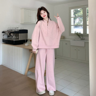 套装 官方实拍韩系粉色休闲慵懒风卫衣阔腿裤 202 故事面料女装 罗芬