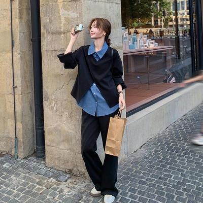 罗芬 故事面料女装官方实拍衬衫套装女春秋通勤假两件拼接黑色上