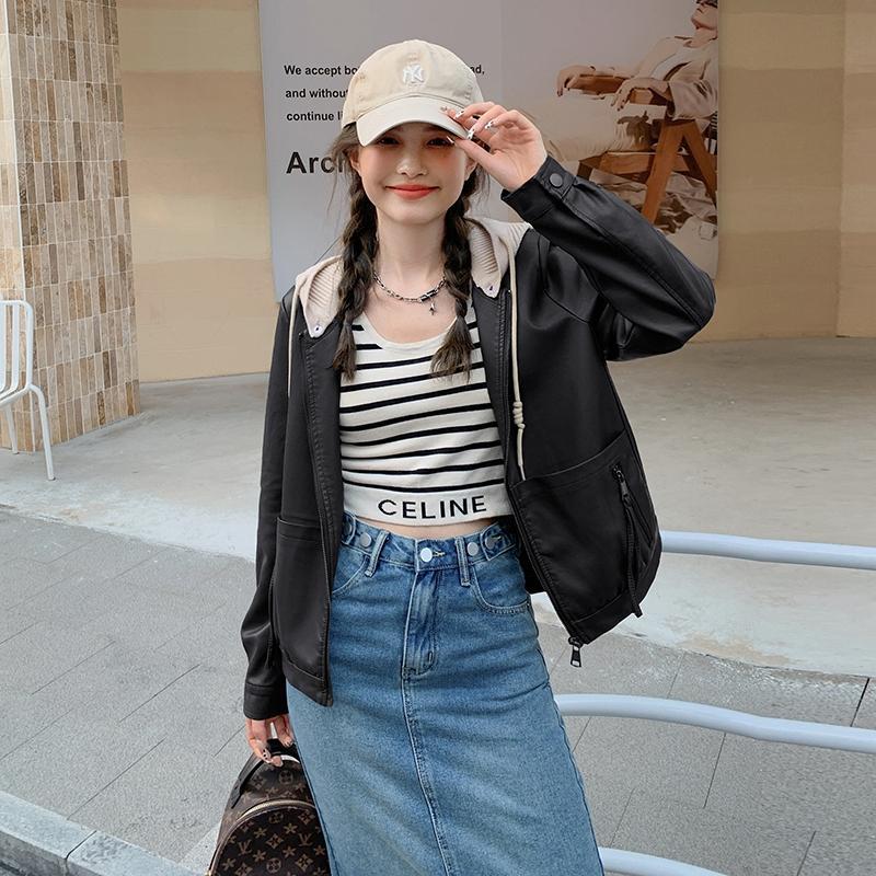 罗芬 故事面料女装官方实拍独特超好看连帽小皮衣短款外套女春秋2