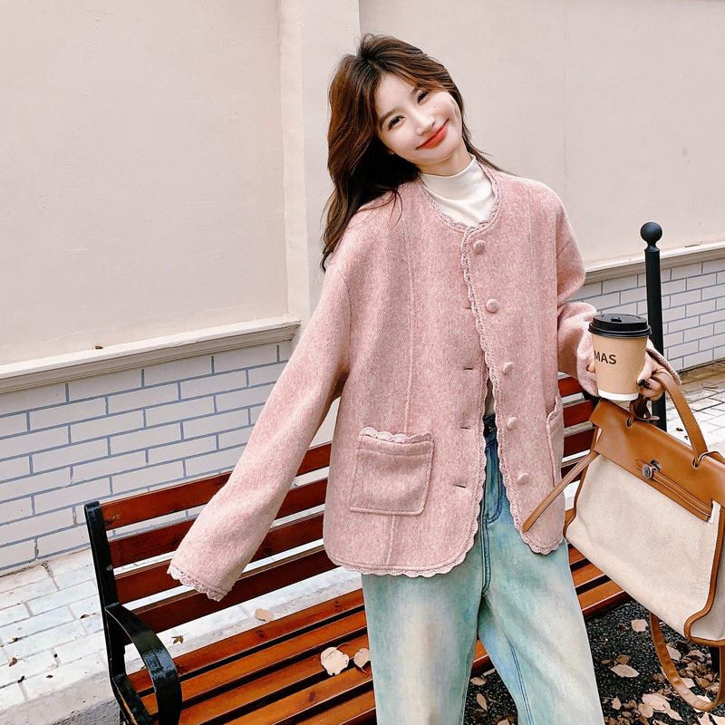 罗芬 故事面料女装官方实拍粉色甜美小香风花边呢子外套2025冬气,女装/女士精品,毛呢外套,淘宝优惠券,粉丝福利购,淘宝优惠卷