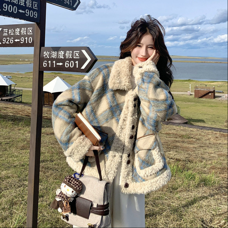 罗芬 故事面料女装官方实拍韩版格子羊羔绒毛呢外套2025冬时髦甜,女装/女士精品,羽绒服,淘宝优惠券,粉丝福利购,淘宝优惠卷