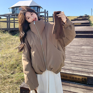 罗芬 故事面料女装官方实拍卡其色立领不规则拼接短款羽绒服2025