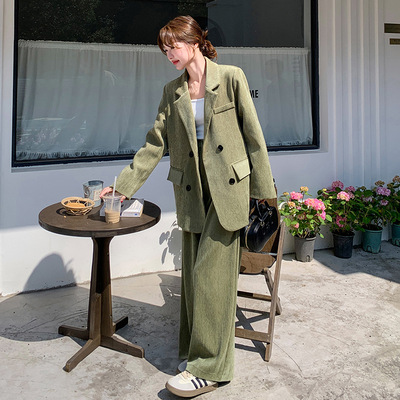 罗芬 故事面料女装官方实拍气质休闲通勤绿色西装阔腿裤套装女春