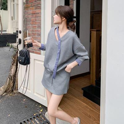 罗芬 故事面料女装官方实拍灰色休闲卫衣半身裙套装两件套女春秋2